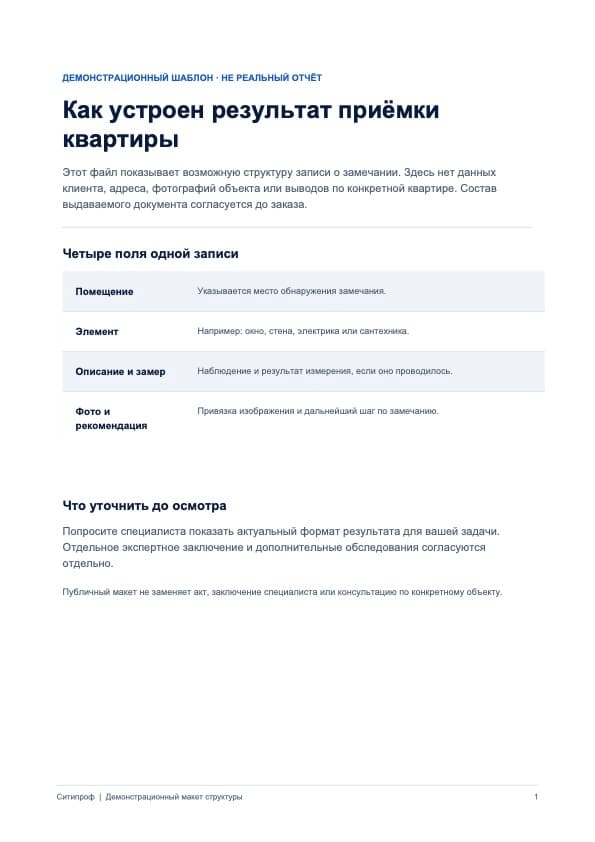 Демонстрационная схема структуры акта приёмки квартиры