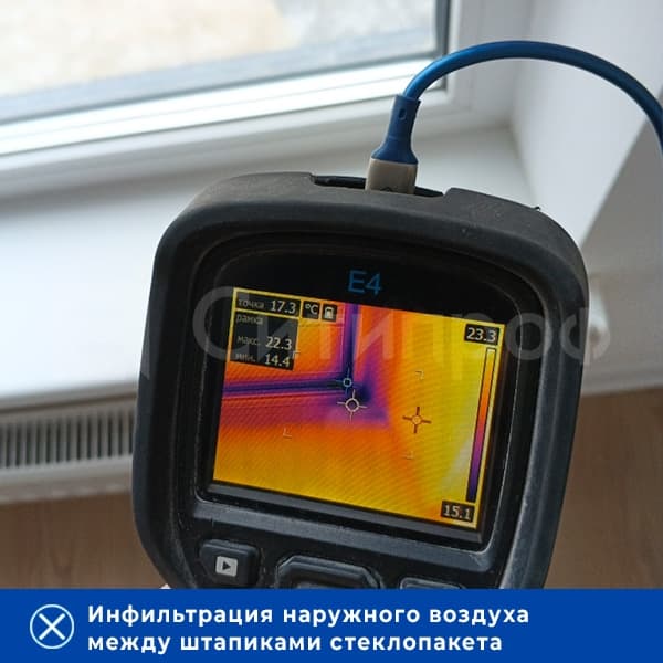 Термограмма: Инфильтрация воздуха между штапиками стеклопакета